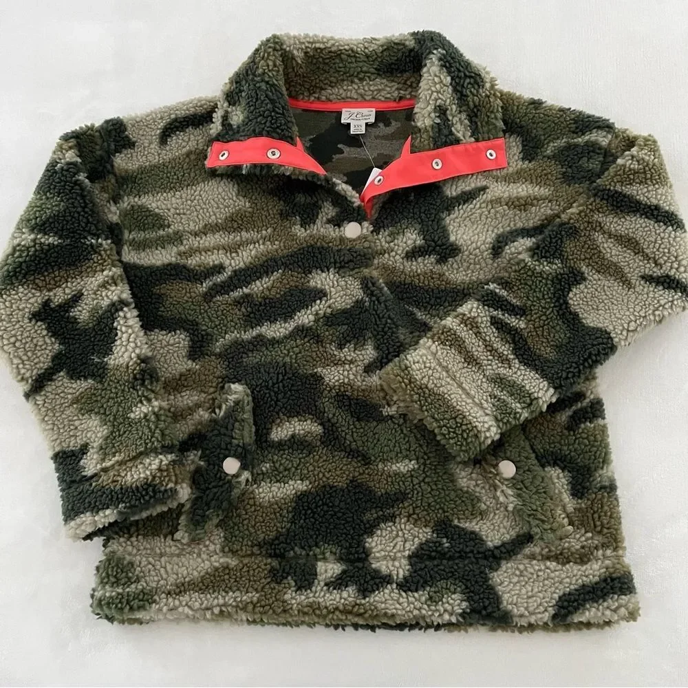 NWT J. Crew Camo Snap-Collar Sherpa Pullover Fleece Sweatshirt, Size XXS